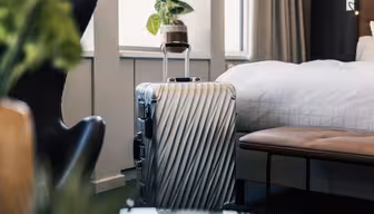En sølvfarvet hård kuffert med et tekstureret, diagonalt linjemønster står oprejst ved siden af en seng i et moderne, godt oplyst hotelværelse med planter og moderne møbler.