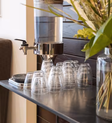 En vandbeholder med vandhane er placeret på en metalhylde ved siden af en stak klare plastikkopper. En stor glasvase med forskellige grønne bladplanter og tørrede blomster er placeret ved siden af. En brun sofa er delvist synlig i baggrunden.