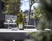 En flaske hvidvin på et gråt bord med to fyldte glas og en lille skål oliven. Grønne omgivelser omgiver de udendørs omgivelser og skaber en afslappet atmosfære på en solskinsdag.